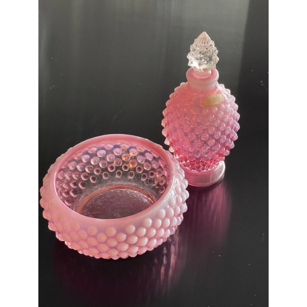 Fenton Dish And Small Cranberry Pink Opalescent Hobnail Vase With Stopper